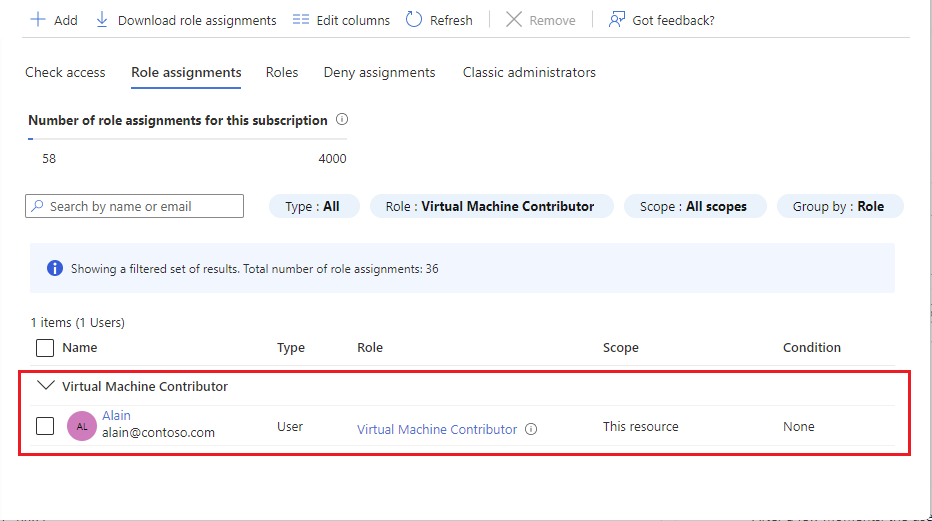 Screenshot that shows the Virtual Machine Contributor role assigned to a user.