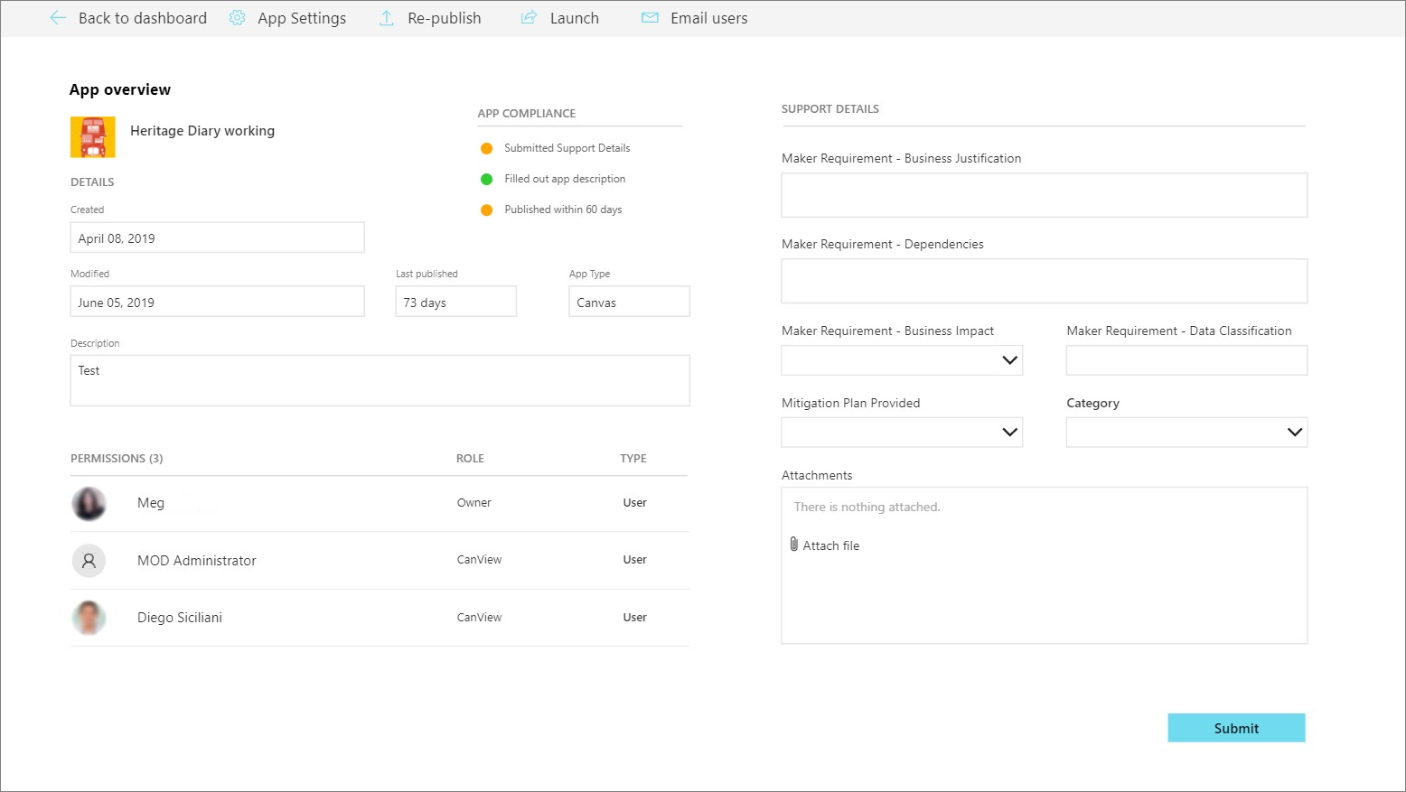 Screenshot of the COE development compliance center app overview.