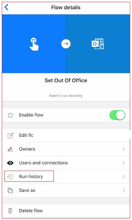 Mobile screenshot of the flow details screen with run history highlighted.