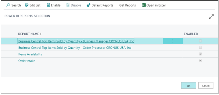 Screenshot of the Power BI report selection menu.