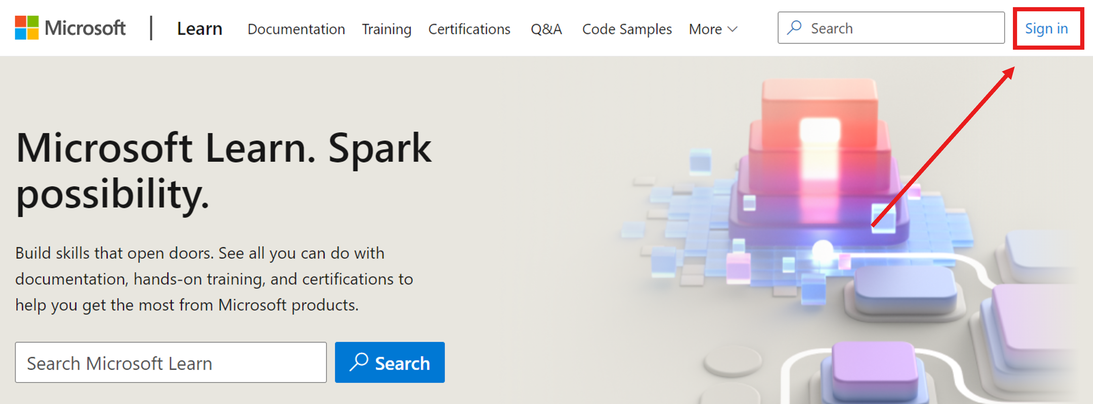 Снимок экрана домашней страницы Microsoft Learn со стрелкой на ссылку входа в правом верхнем углу.