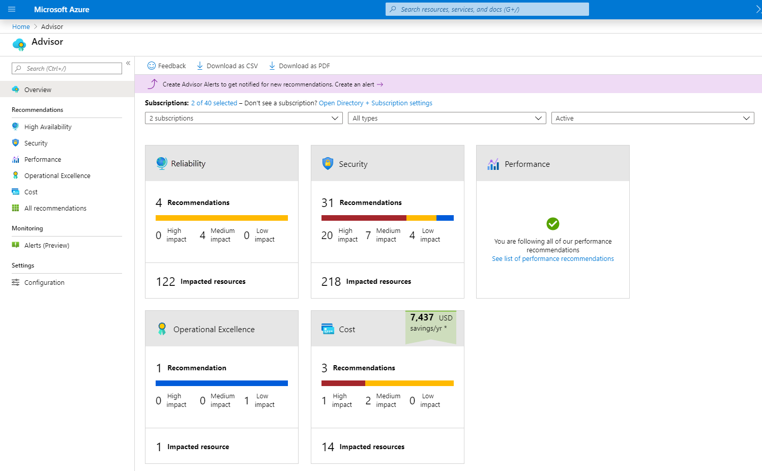 снимок экрана панели мониторинга Помощника по Azure с полями для основных областей рекомендаций.