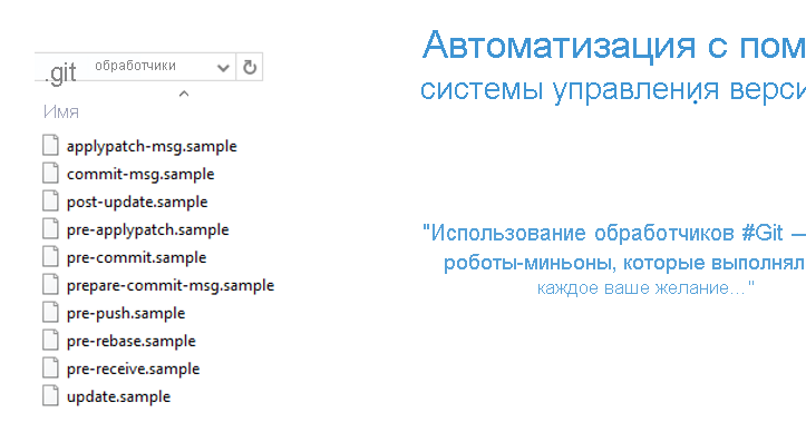 Снимок экрана: файлы перехватчика Git для автоматизации.