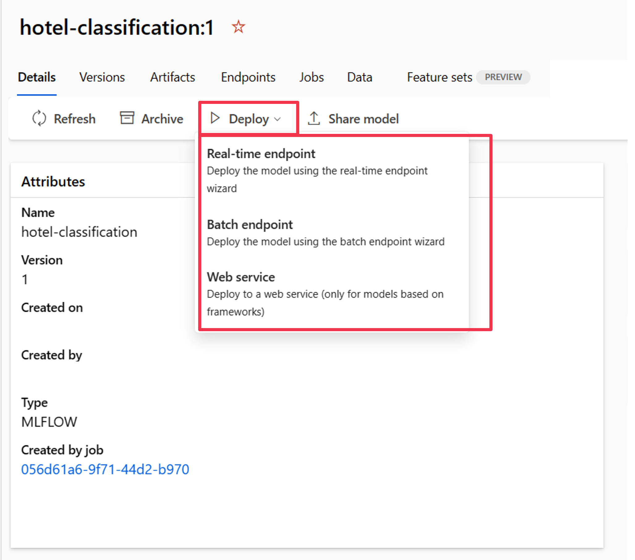 Screenshot of the deployment options from a registered model.