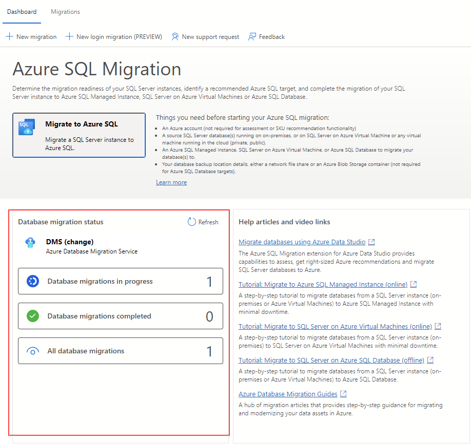 Снимок экрана: панель мониторинга миграции в расширении миграции Azure для Azure Data Studio.