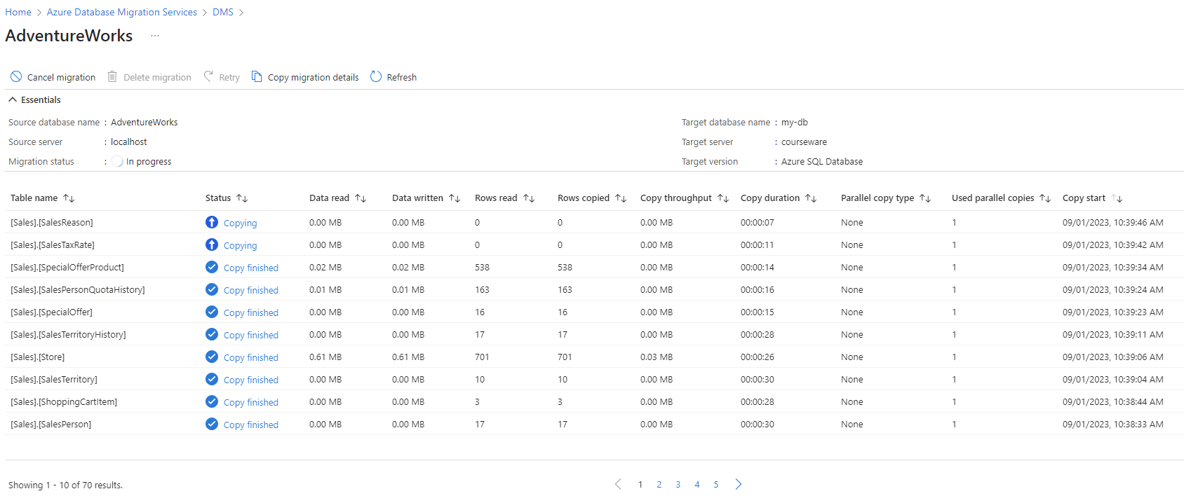 Снимок экрана: страница мониторинга в Azure Database Migration Services в портал Azure.