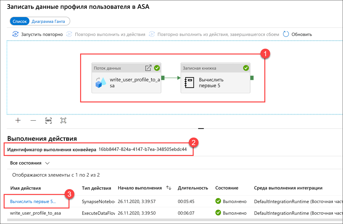 Отображаются сведения о выполнении конвейера.