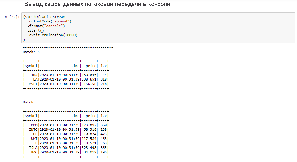 Вывод потокового кадра данных в консоль