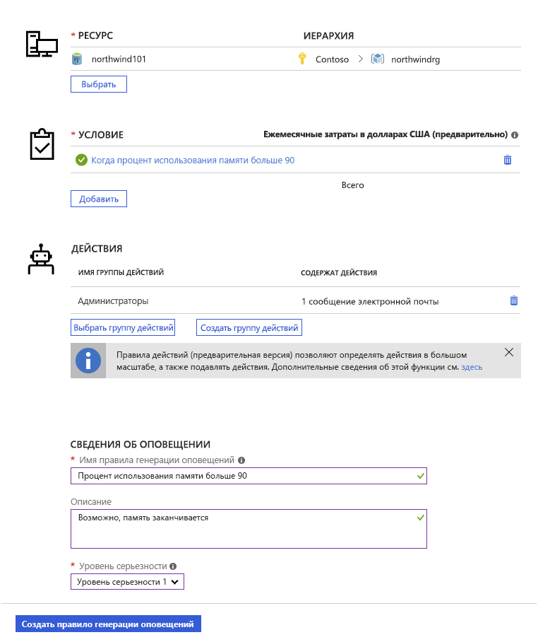 Image of the alerts page, showing a new alert that sends an email if memory utilization exceeds 90%