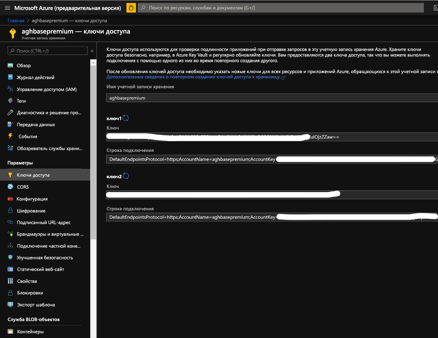 Экран со сведениями о ключах доступа к учетной записи хранения на портале Azure.