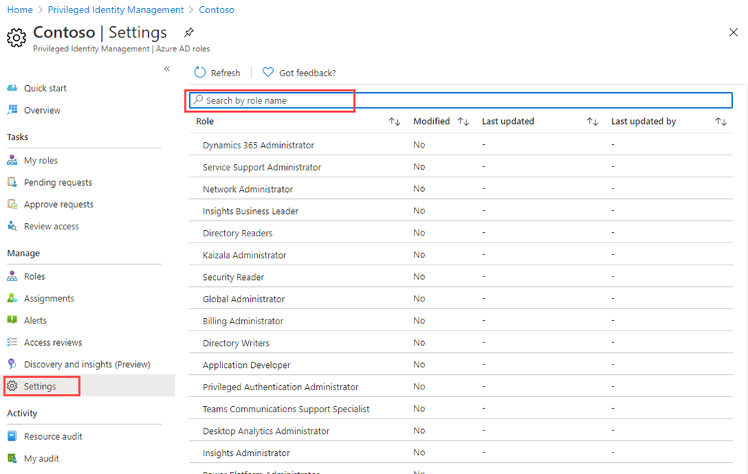 Screenshot of the Microsoft Entra roles page with the Settings menu highlighted.