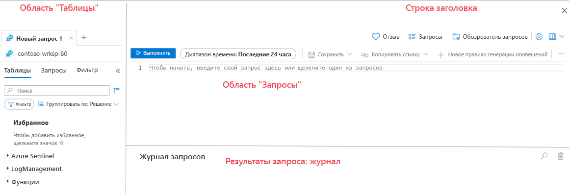 Screenshot of the default Logs page that shows four elements: the Header bar, the Tables pane, the Queries pane, and the Query results/history pane.