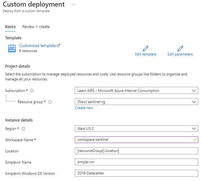 Screenshot of the custom deployment inputs for a Microsoft template.