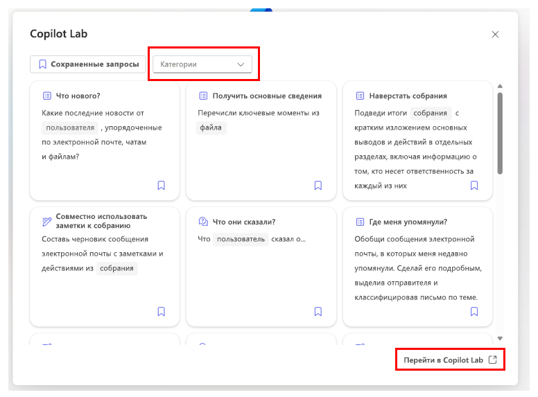 Снимок экрана: окно Copilot Lab с выделенной категорией и параметрами 