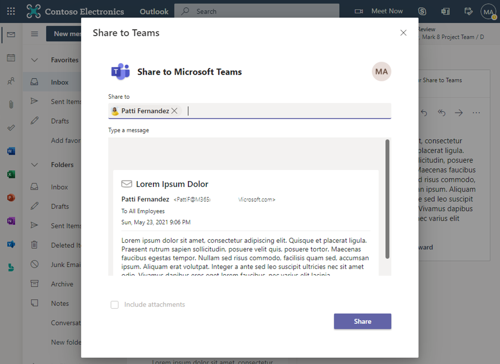 Снимок экрана: интеграция между Outlook и Microsoft Teams.