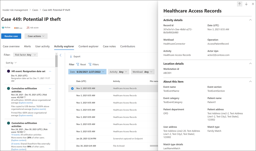 Screenshot showing the Insider risk management activity explorer page for a specific case and a flyout of the activity details.