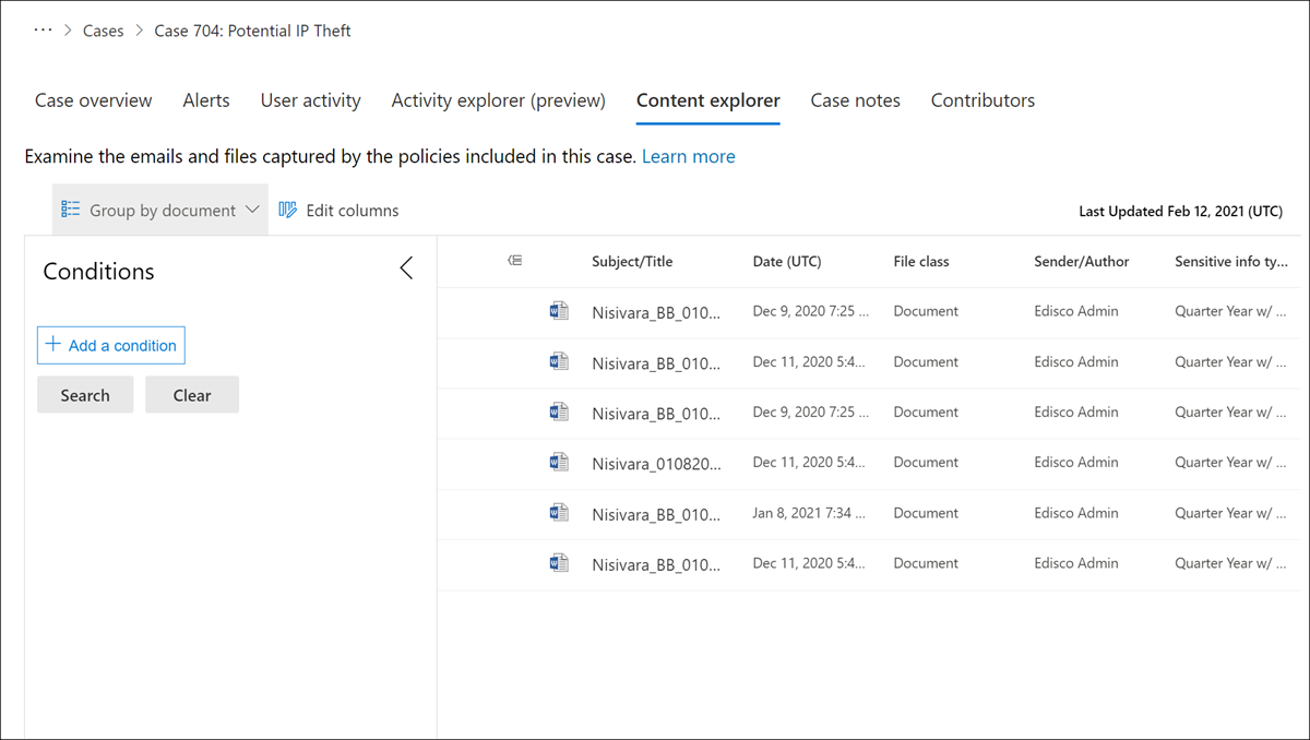 Screenshot of the Insider risk management dashboard showing the Content explorer tab.