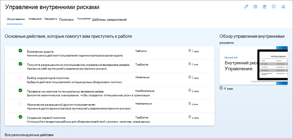 Screenshot of the Insider risk management dashboard showing the Overview tab and the top actions to help get you started.