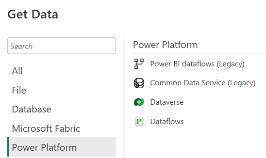 Screenshot of Power BI Desktop Get Data Connectors window with Power Platform selected including Power BI semantic models, Lakehouses, Dataflows, and more.