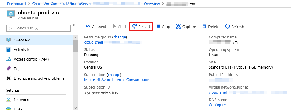 Снимок экрана: перезапуск виртуальной машины в портал Azure.