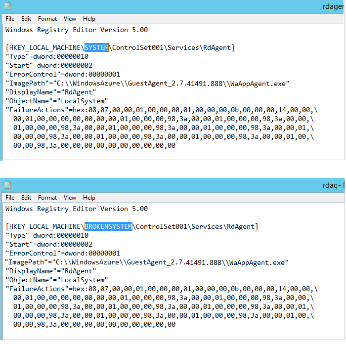 Снимок экрана: исходное значение записи и измененное значение записи rdagent reg file.