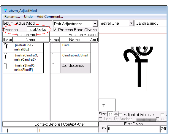 Screenshot of a Microsoft volt dialog for specifying positioning adjustments. Pair adjustment is selected as the lookup type. The Top Marks class is specified in the Process field.