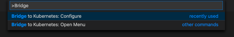 Скриншот, показывающий окно команд Bridge to Kubernetes Configure.