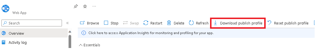Снимок экрана, показывающий, как скачать профиль публикации в службе приложений Azure.