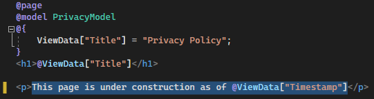 Screenshot shows the Privacy.cshtml file open in the Visual Studio Code editor with the updated text.