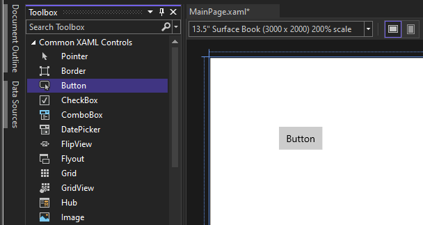 Screenshot showing 'Button' highlighted in the Toolbox window and a Button control on the design canvas.