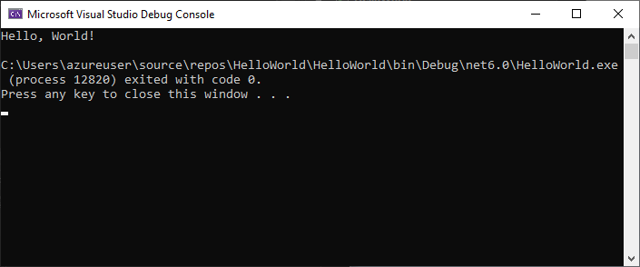 снимок экрана окна консоли отладки с выходными данными Hello, World! и нажмите любую клавишу, чтобы закрыть это окно.