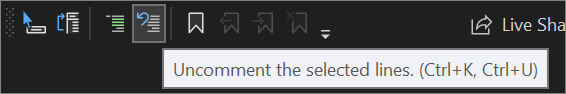 снимок экрана: кнопка для раскомментирования в панели инструментов текстового редактора в Visual Studio 2022.