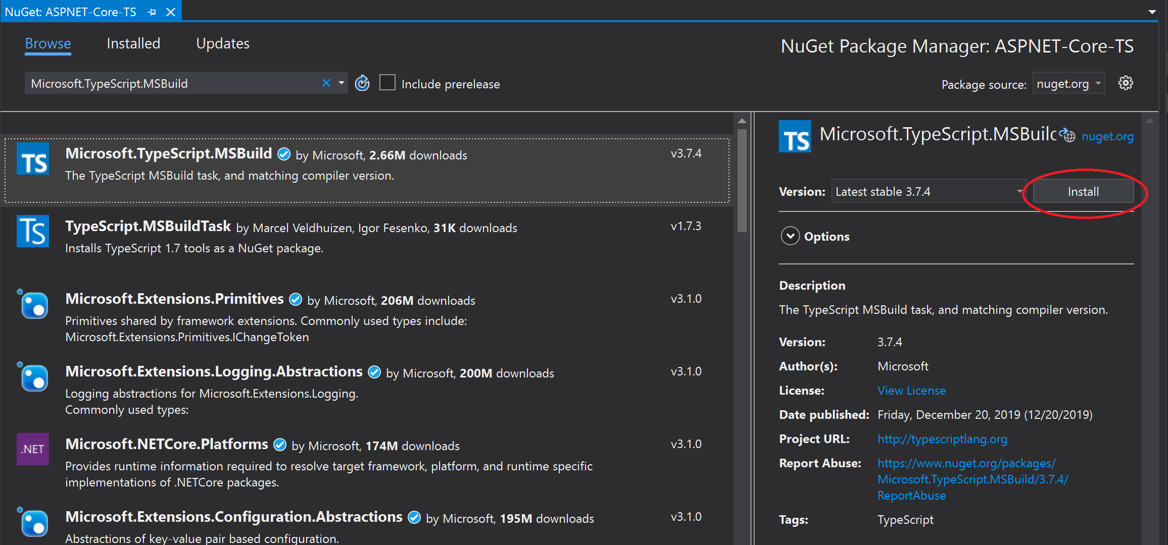 добавить пакет NuGet