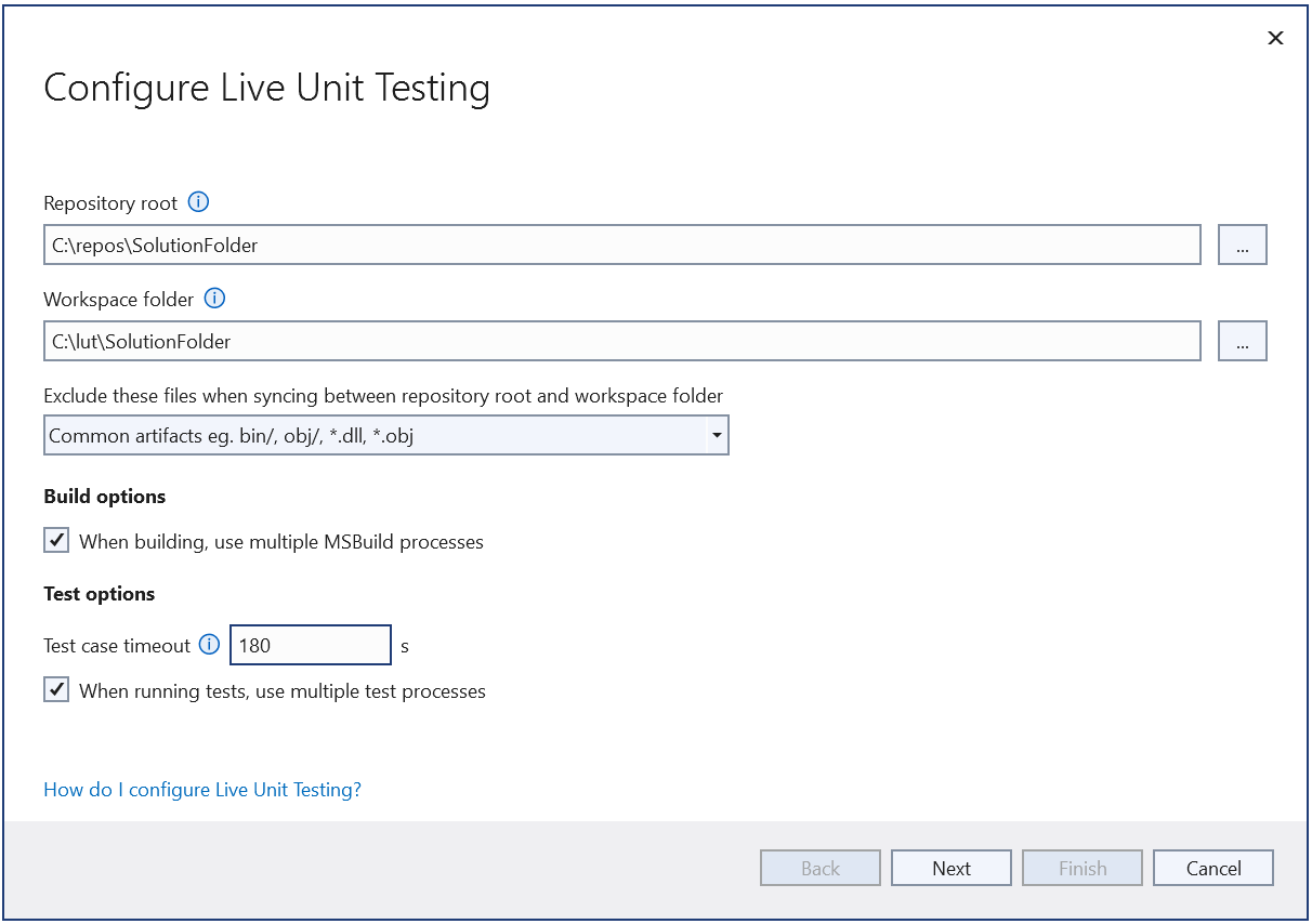 Снимок экрана, на котором показан мастер настройки Live Unit Testing 1.