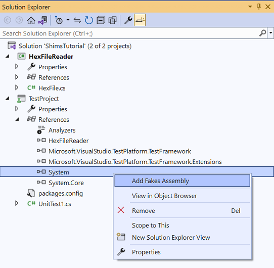 Screnshot команды Add Fakes Assembly.