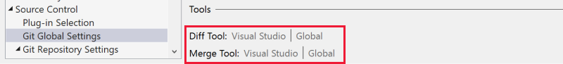 Снимок экрана, на котором показан раздел для задания средства Diff по умолчанию и средства слияния в диалоговом окне 