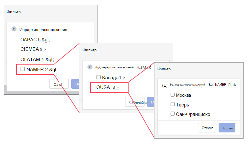 Снимок экрана: фильтры иерархии расположений в Glint отчетах, детализация с уровня 1 до уровня 3.
