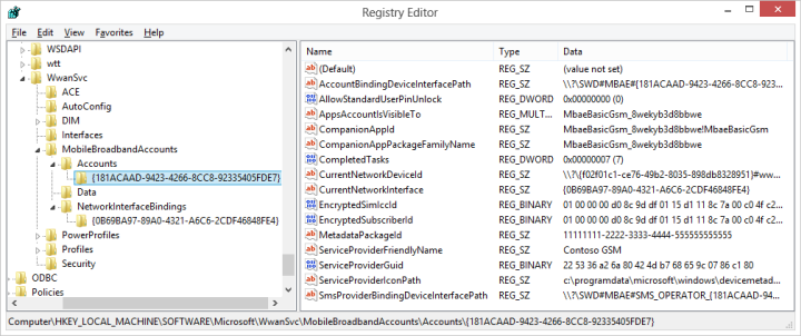 Снимок экрана: записи реестра для проанализированной учетной записи мобильной широкополосной связи.