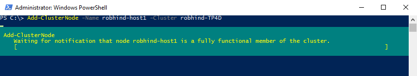 Снимок экрана, показывающий выходные данные командлета Add-ClusterNode
