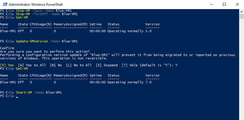 Снимок экрана: командлет Update-VMVersion в действии