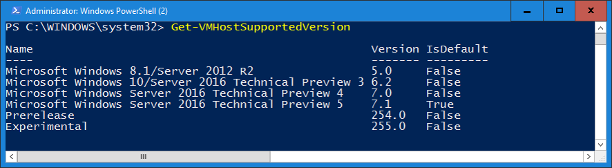 Снимок экрана, показывающий выходные данные командлета Get-VMHostSupportedVersion