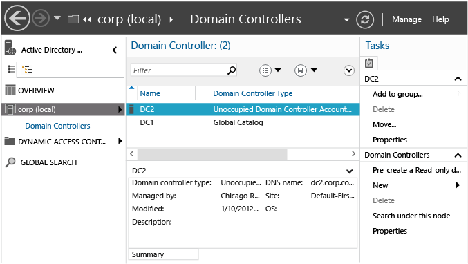 Снимок экрана: Центр администрирования Active Directory с выделенной выделенной учетной записью контроллера домена.