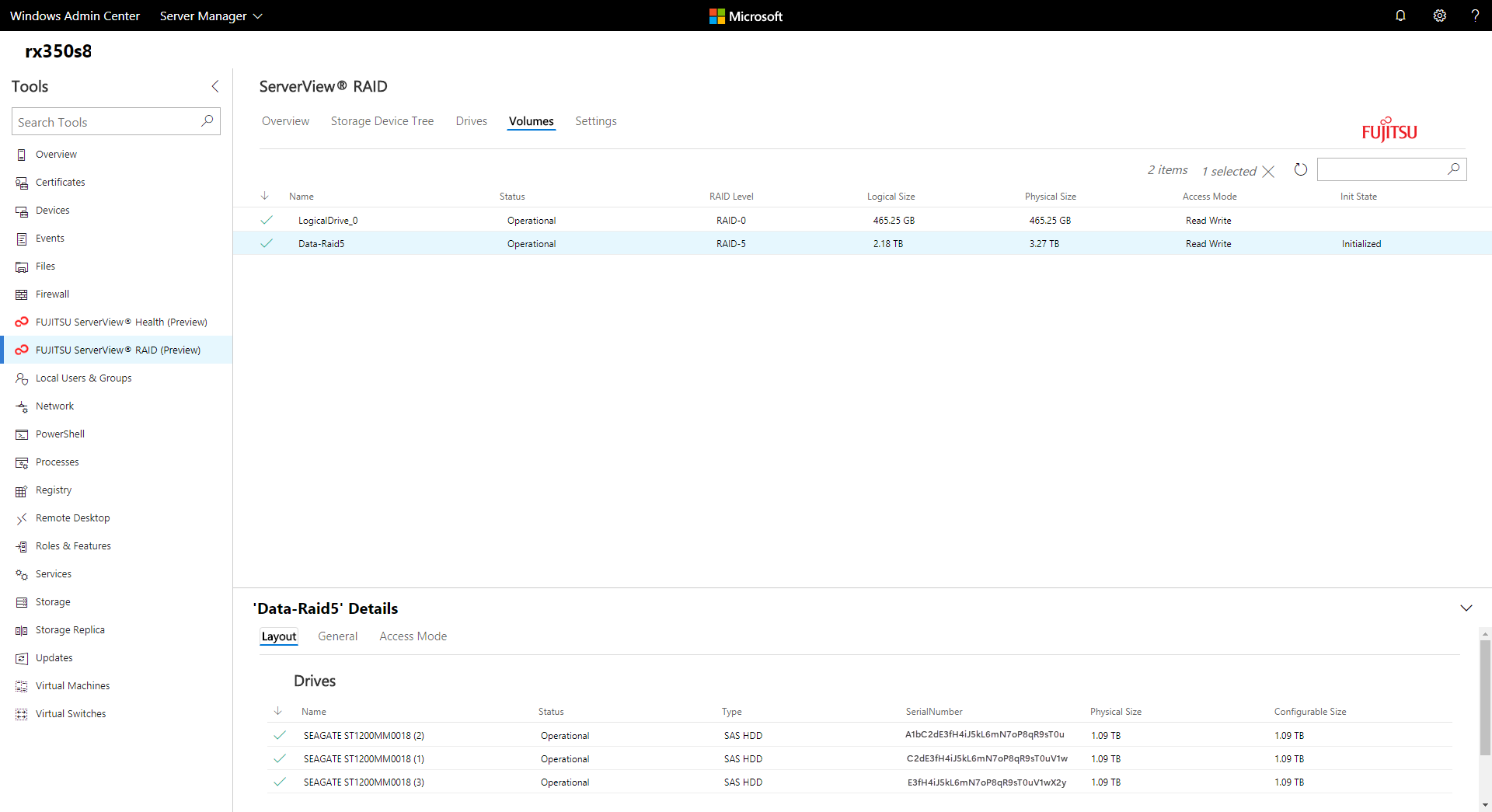 Fujitsu extension - RAID volumes view