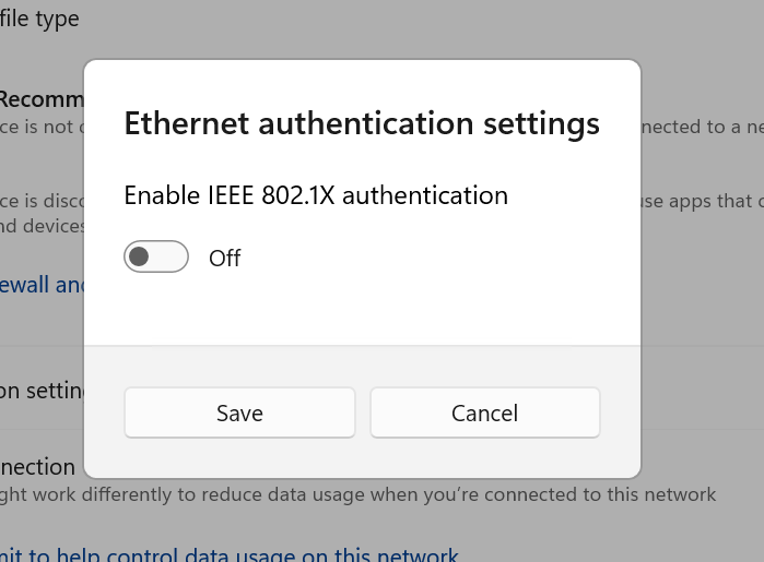 Снимок экрана: диалоговое окно параметров проверки подлинности Ethernet в приложении параметров Windows 11.