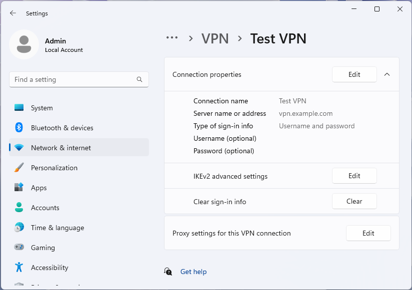 Снимок экрана: страница расширенных параметров VPN для профиля в приложении параметров Windows 11.