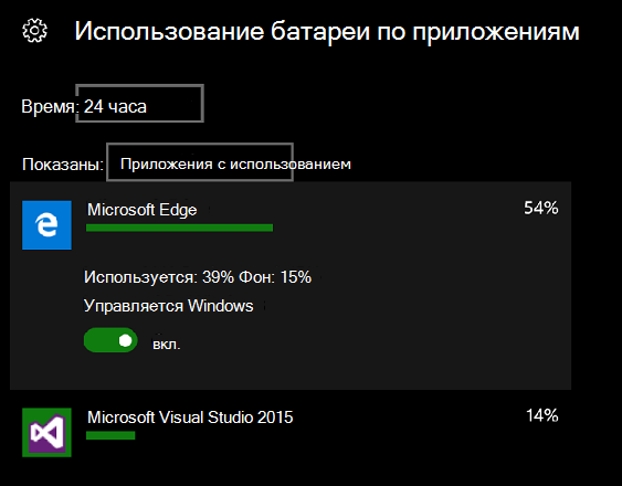Использование батареи по приложениям на настольном компьютере.
