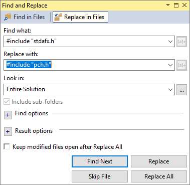 Поиск и замена в stdafx.h