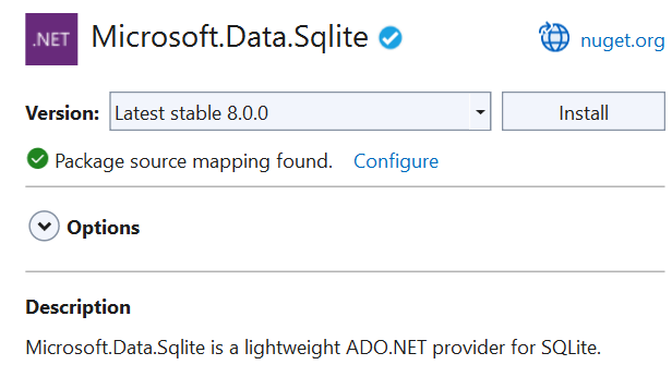 Пакет NuGet SQLite