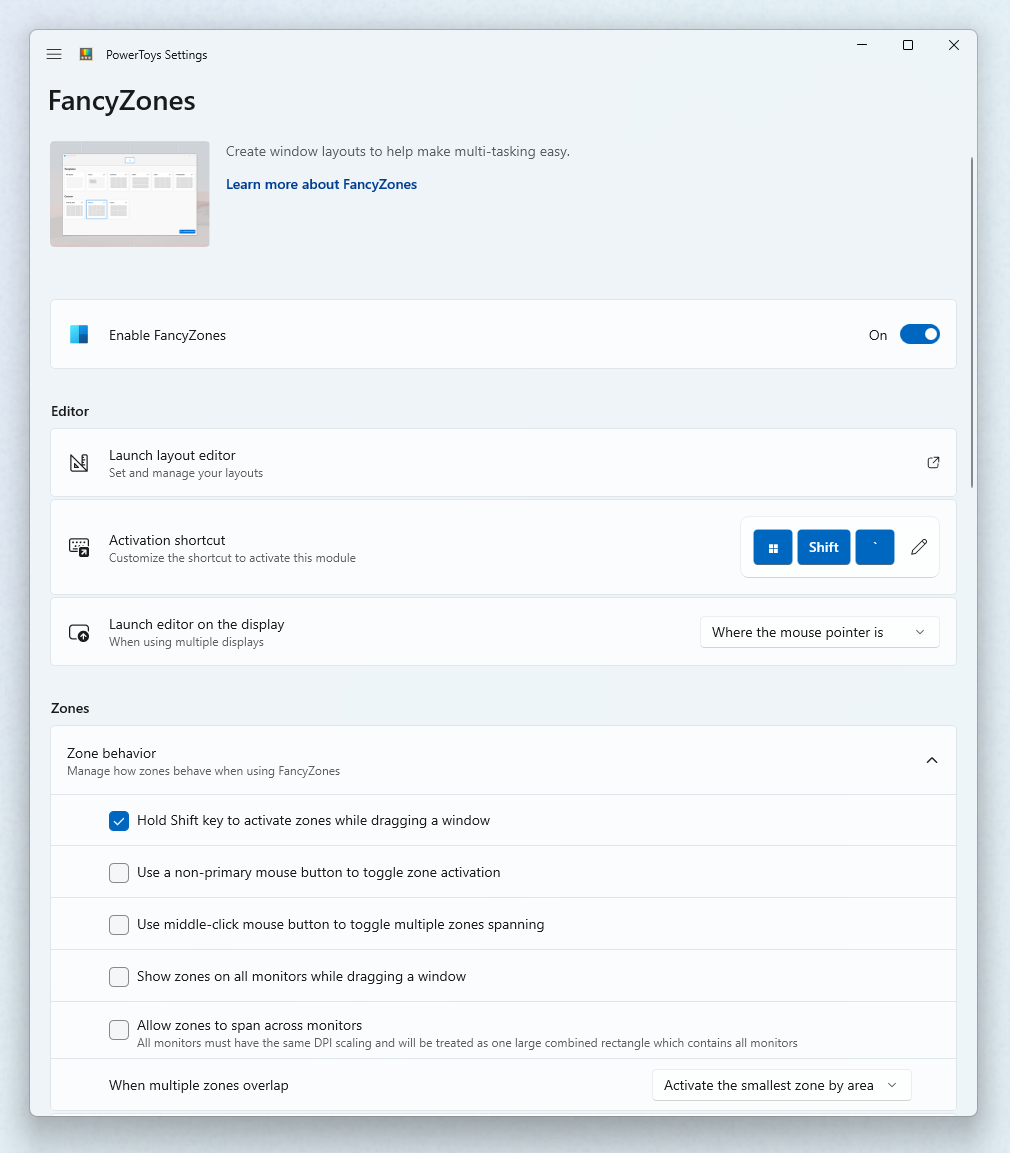 FancyZones Пользовательский интерфейс параметров