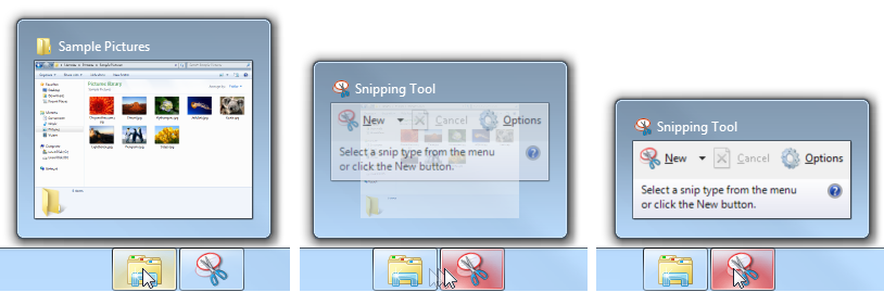 Снимок экрана: три предварительных просмотра окна панели задач 